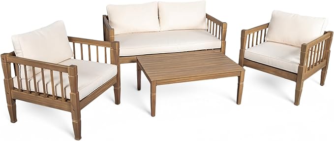 Scott Living Darla 4 Piece Outdoor Rustic Acacia Wood Seating Set, 4 Seater Conversation Set, Acacia Wood Loveseat and Club Chairs, Sofa Set with Cushion, Retangular Coffee Table, Light Gray+Beige