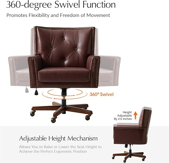 HULALA HOME Modern Home Office Chair with Tilt Lock & Metal Base, Desk Chair with 360° Swivel & Tilt Function, Height Adjustable, Wide Seat Computer Task Chair with Wheels & Padded Cushion, Brown