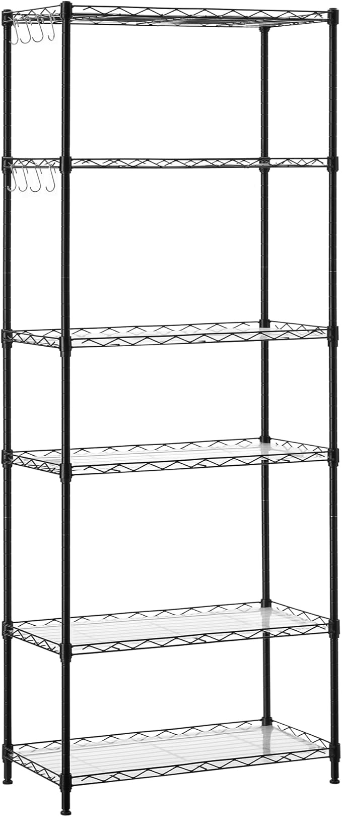 SONGMICS 6-Tier Storage Shelves, Wire Shelving Unit, Kitchen Metal Shelves, Storage Rack with Adjustable Shelves, Shelf Liners, 8 Hooks, for Garage, 11.4 x 23.2 x 63 Inches, Black ULGR066B01