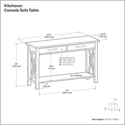 SIMPLIHOME Kitchener Console Table - 47 Inch Wide Solid Wood Sofa Table in Hickory Brown, Contemporary Storage Table for Entryway or Living Room with 2 Drawers, Bottom Shelf, and X-Design Side Panels