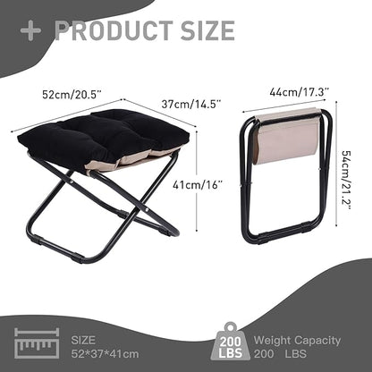 LITA Folding Footrest Stool, Portable Ottoman Foot Rest, Upholstered Small Foldable Ottoman with Detachable Thick Cotton Cushion Padded Sofa Stool for Living Room, Bedroom, Velvet Black Set
