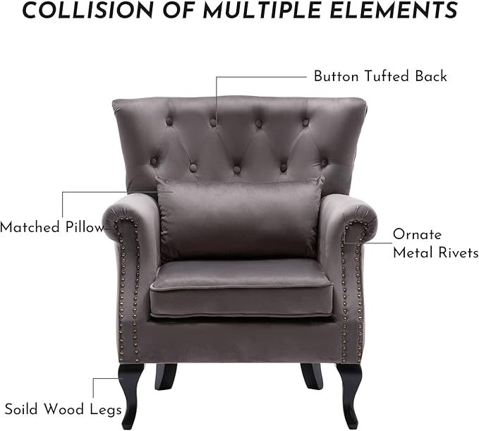 Accent Reading Arm Chairs for Living Room Bedroom, Midcentury Modern Comfy Corner Sofa Chair, Wingback Waiting Room Club Chair with Button Tufted Back &Lumbar Pillow, Velvet Grey