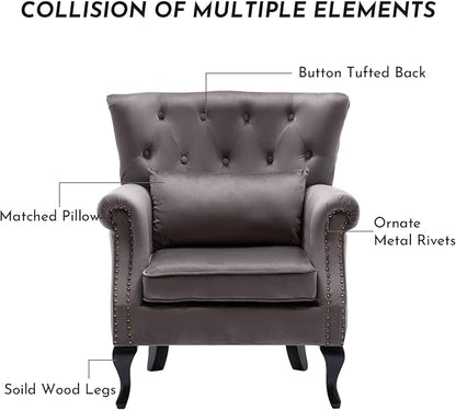 Accent Reading Arm Chairs for Living Room Bedroom, Midcentury Modern Comfy Corner Sofa Chair, Wingback Waiting Room Club Chair with Button Tufted Back &Lumbar Pillow, Velvet Grey