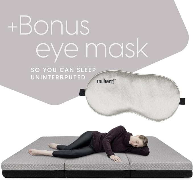 Milliard Dual Sided Premium Tri Folding Mattress, Memory Foam Foldable Mattress with Waterproof Washable Cover + Bonus Eye Mask Included