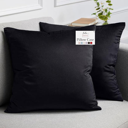 lalaLOOM Velvet Throw Pillow Covers, Set of 2, 24x24 Decorative Square Pillows Home Decor, Soft Accent Cases, Silky Machine Washable Pillowcases for Sofa, Couch, Bedroom, Living Room, Jet Black