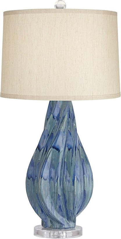 Possini Euro Design Teresa Modern Coastal Table Lamp 31" Tall Teal Blue Drip Ceramic Beige Fabric Drum Shade Decor for Bedroom Living Room House Bedside Nightstand Home Office Entryway Family
