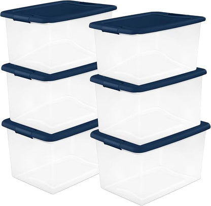 Sterilite 18-Pack Color Program, Large Clear Plastic Storage Bins with Lids, 64 Quart, Blue - Stackable Organizing Container Boxes for Closet, Bathroom, and Office
