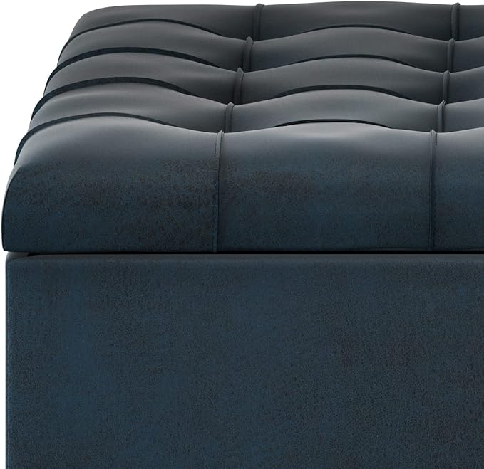 SIMPLIHOME Harrison 36 inch Wide Traditional Square Coffee Table Storage Ottoman in Distressed Dark Blue Vegan Faux Leather, Assembled, For the Living Room and Bedroom