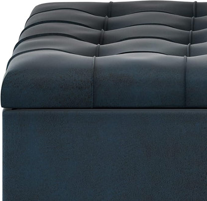 SIMPLIHOME Harrison 36 inch Wide Traditional Square Coffee Table Storage Ottoman in Distressed Dark Blue Vegan Faux Leather, Assembled, For the Living Room and Bedroom