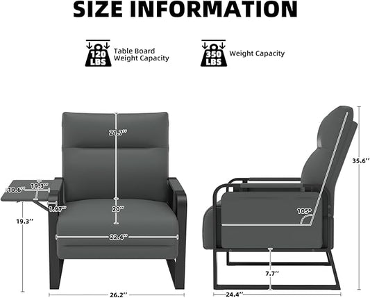 Upholstered Accent Chairs Set of 2, Modern Faux Leather Sofa Chairs with Foldable Side Tray Table & Storage Pocket, Small Accent Sofas for Living Room, Bedroom, Gray