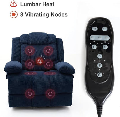 Recliner Chair Oversized 360° Swivel Rocker Recliners with Massage and Heating Theater Chairs Lounge Sofa Adults Lazy Sofas Single Couch for Living Room Overstuffed Armrests XL (Navy Blue)