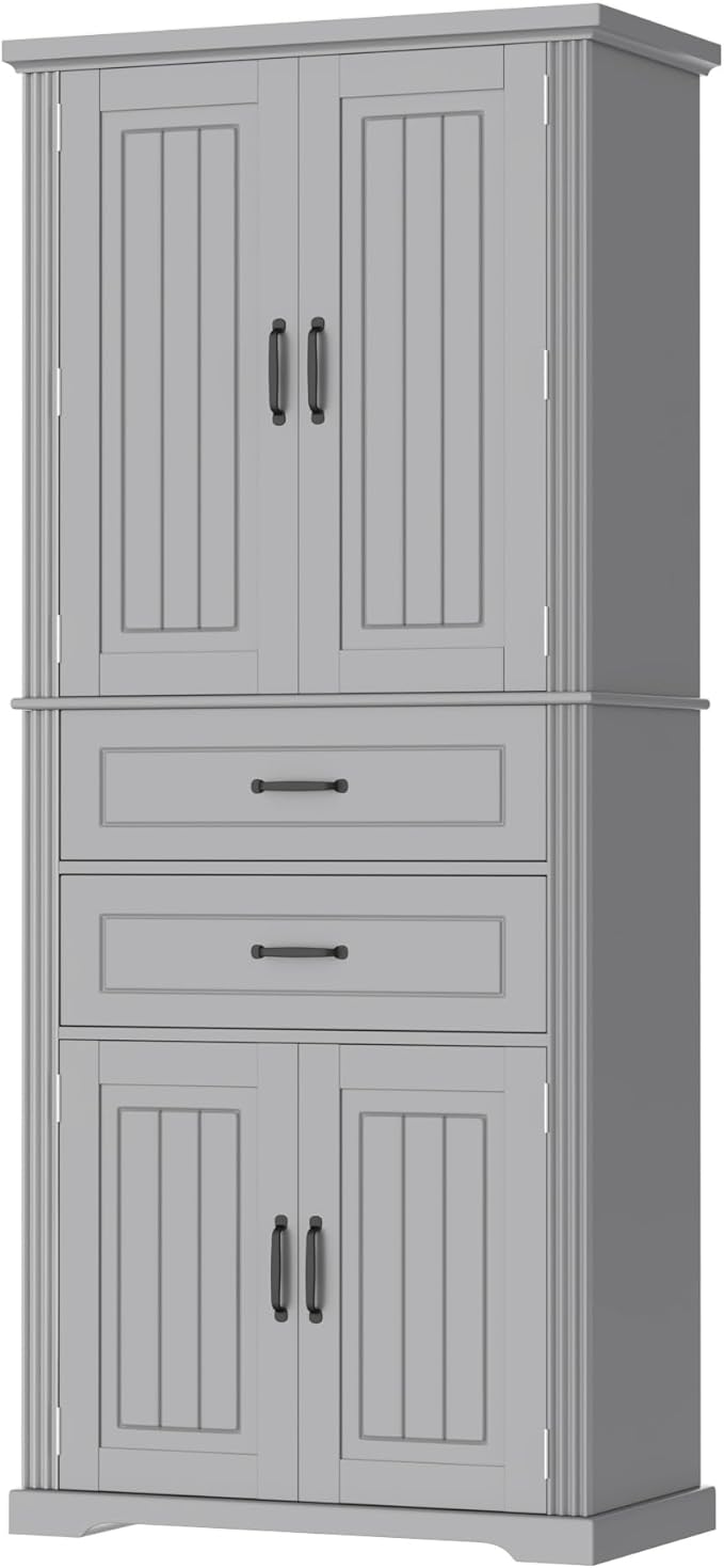 Tall Storage Cabinet, Bathroom Floor Freestanding Storage Cabinet with 2 Doors, Adjustable Shelf, and 2 Drawers for Bathroom, Office, Living Room, MDF Board, Grey