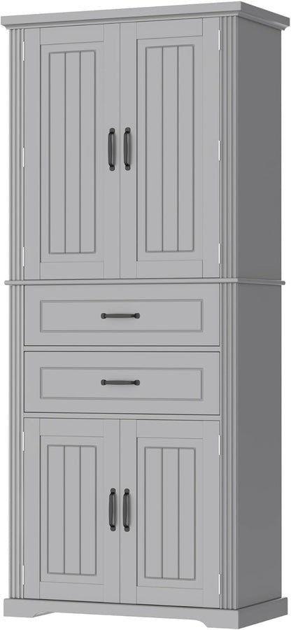Tall Storage Cabinet, Bathroom Floor Freestanding Storage Cabinet with 2 Doors, Adjustable Shelf, and 2 Drawers for Bathroom, Office, Living Room, MDF Board, Grey