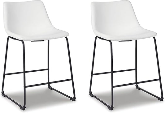 Signature Design by Ashley Centiar Casual Bucket Seat Dining Upholstered Bar Stool with Black Metal Base, Set of 2, Faux Leather, 23.75" Seat Height, White