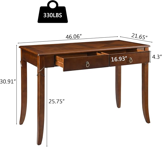 Solid Wood Computer Writing Desk with 2 Big Drawers, 46.06" Wide Home Office Desk Workstation with Hourglass Shape Tabletop Big Rustic Study Table in Cherry Brown, BSZ-DR200