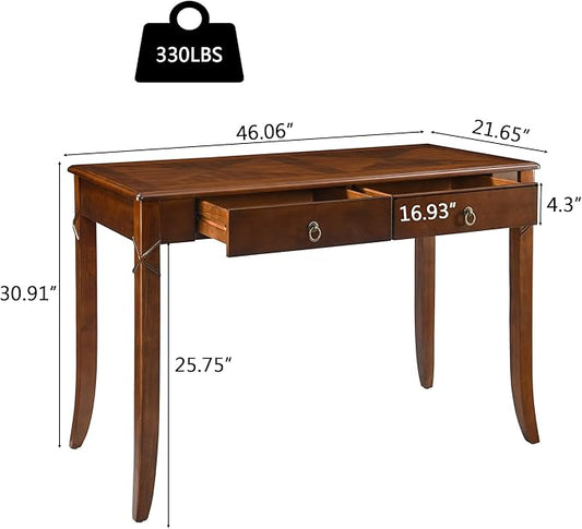 Solid Wood Computer Writing Desk with 2 Big Drawers, 46.06" Wide Home Office Desk Workstation with Hourglass Shape Tabletop Big Rustic Study Table in Cherry Brown, BSZ-DR200