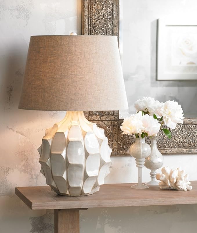 Possini Euro Design Cosgrove Mid Century Modern Table Lamp 26.5" High Ceramic White Glaze Light Brown Linen Drum Shade Decor for Living Room Bedroom House Bedside Nightstand Home (Color May Vary)