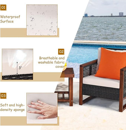 COSTWAY 3 Pieces Wicker Patio Furniture Set, Outdoor Wicker Sofa with Acacia Wood Frame, Coffee Table & Washable Cushions, Rattan Conversation Sets for Yard, Porch, Bistro, Balcony, Backyard, Beige