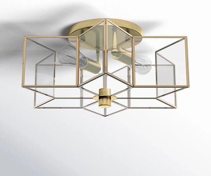 Bofea-Gold Ceiling Light Modern Semi Flush Mount Ceiling Lights Vintage Hallway Lights Fixture Brass Star Flush Light Fixture Unique Glass Semi Flush Mount Chandelier for Bedroom Foyer Entry Lamp