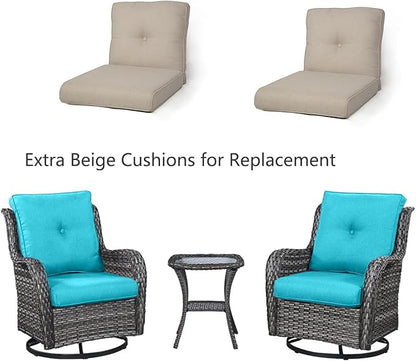 HUMMUH 3-Piece Swivel Rocking Rattan Chair Outdoor, Patio Bistro Furniture Conversation Set, Cushioned Wicker Chair with Glass Coffee Table(Grey,Blue)