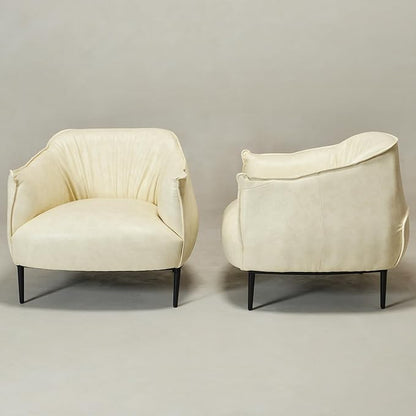 KINWELL 33" W Faux Leather Barrel Chairs Set of 2 with Hand-Tufted Pleated Back Flared Arms, Modern PU Upholstered Accent Chairs with Metal Legs, Large Armchairs Lounge Chairs for Living Room, Cream