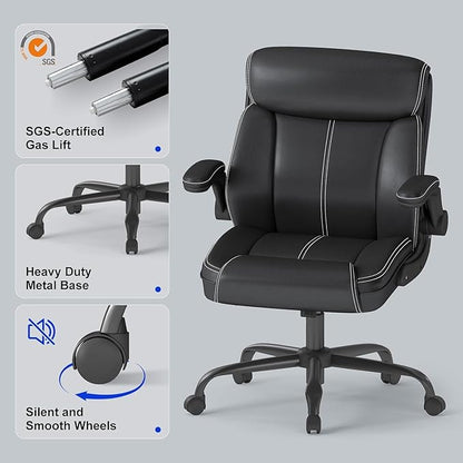 AnyGod Executive Leather Office Chair, Ergonomic Home Office Desk Chair with Flip-up Armrests, Lumbar Support, Adjustable Height, Mid-Back with Rocking Function for Executives