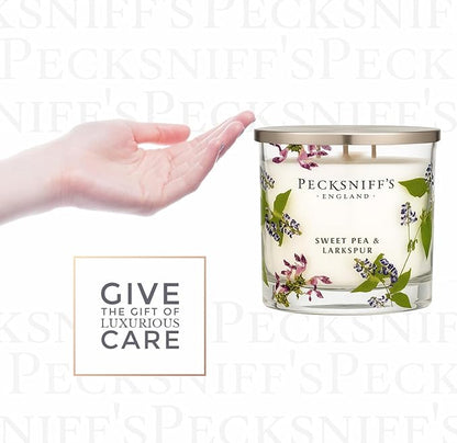 Pecksniff’s 3 Wick Candle – Sweet Pea & Lark Spur, 550 g / 19.4 oz – Long Lasting Burn, Elegant Home Decor & Relaxing Ambiance