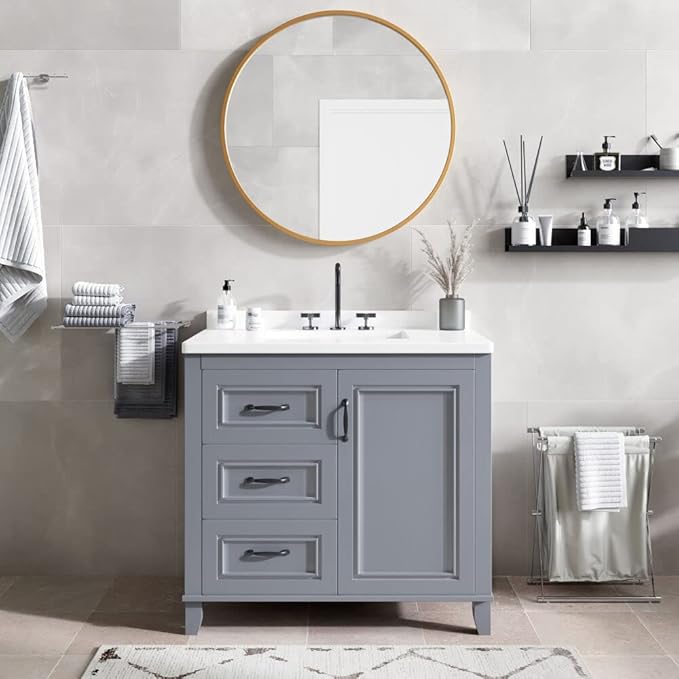 Hanover Ambridge 36'' Vanity Cabinet with Sink Combo for Bathroom, Powder Room | Pre-Assembled Cabinet | 1 Door, 3 Drawers | Artificial Stone Countertop, Gray Cabinet