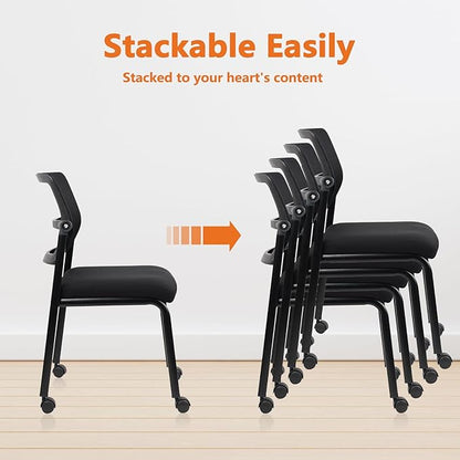 CLATINA Stacking Armless Office Guest Chair with Wheels, Stackable Mesh Waiting Room Reception Desk Chairs with Adjustable Backrest for Conference Lobby Side School, Black