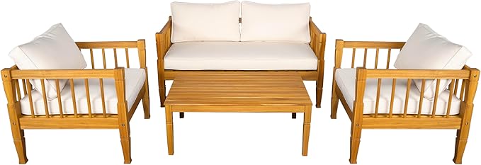 Scott Living Darla 4 Seater Conversation Set, Acacia Wood Loveseat and Club Chairs, Sofa Set with Cushion, Retangular Slats Coffee Table, 4 Piece Outdoor Rustic Acacia Wood Seating Set, Teak+Beige