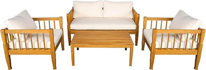 Scott Living Darla 4 Seater Conversation Set, Acacia Wood Loveseat and Club Chairs, Sofa Set with Cushion, Retangular Slats Coffee Table, 4 Piece Outdoor Rustic Acacia Wood Seating Set, Teak+Beige