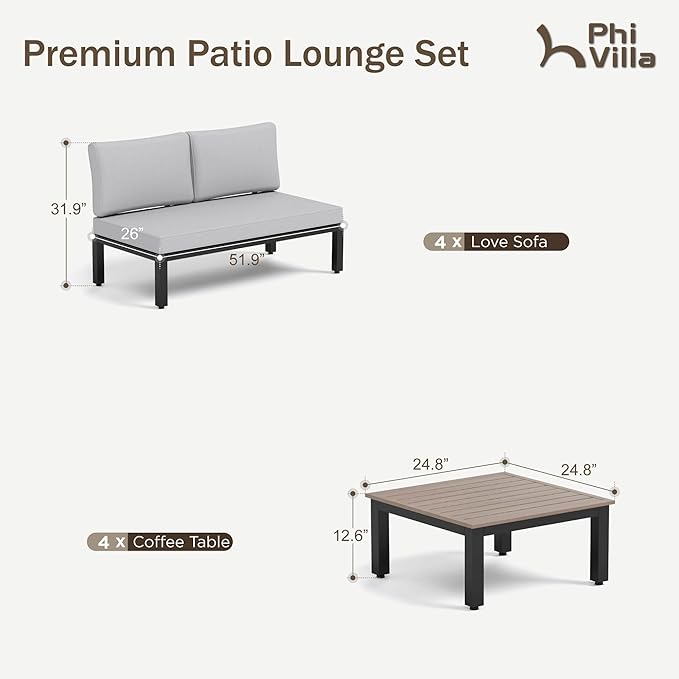 PHI VILLA 8 Pieces Outdoor Patio Furniture Set,Metal Frame Modern Outdoor Sectional Sofa Set,8 Seats with Umbrella Patio Conversation Sets,for Poolside and Backyard,Light Grey