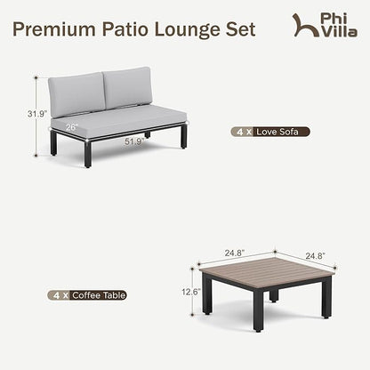 PHI VILLA 8 Pieces Outdoor Patio Furniture Set,Metal Frame Modern Outdoor Sectional Sofa Set,8 Seats with Umbrella Patio Conversation Sets,for Poolside and Backyard,Light Grey