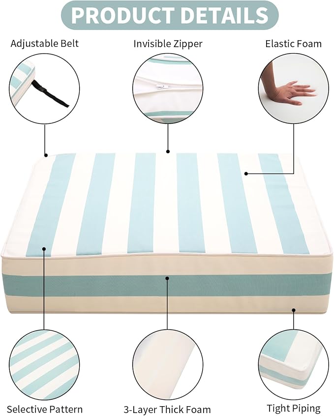 Outdoor Seat Cushions Set for Patio Furniture Deep Seating Patio Cushion Set Weather-Resistant Thick Cushions 23.6" W x 23.6" D x 5”T,Light Blue Stripes