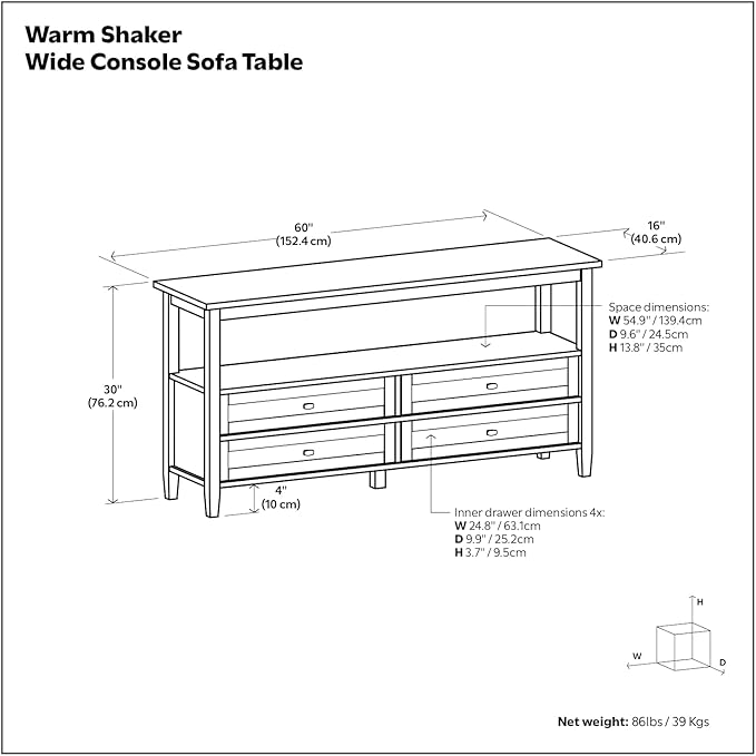 SIMPLIHOME Warm Shaker Wide Console Table - 60 Inch Wide Solid Wood Sofa Table in Light Golden Brown, Transitional Storage for Living Room with 4 Drawers, Open Shelf, and Brushed Nickel Knobs