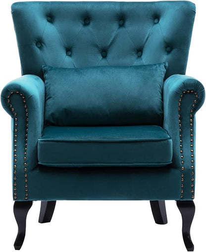 chairus Mid-Century Modern Accent Chair Comfy Tufted Single Sofa Chair Wingback Armchair with Pillow for Club, Living Room, Bedroom - Velvet, Teal