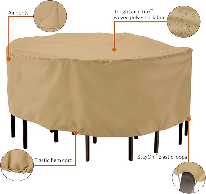 Classic Accessories Terrazzo Water-Resistant 94 Inch Round Patio Table & Chair Set Cover, Outdoor Table Cover