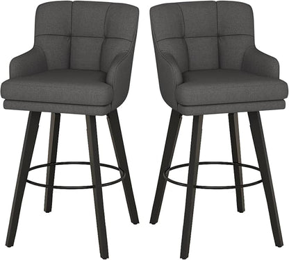 360°Swivel Counter Height Bar Stools with Back, 30 inch Solid Wood Legs, Bar Stool Modern Kitchen Island Chairs, Fabric (Black Grey- Fabric, 30" H- Set of 2)