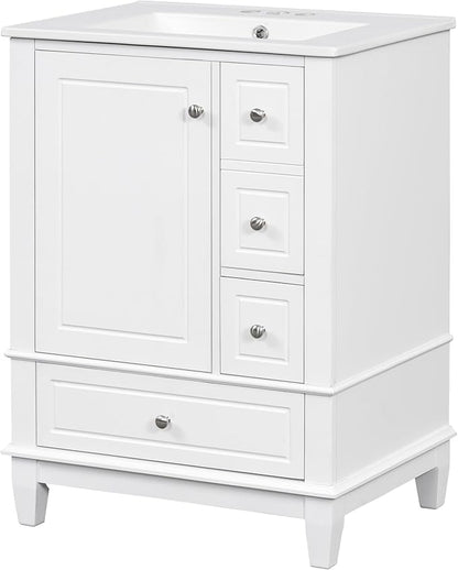 24 Inch Bathroom Vanity with Sink, Freestanding Bathroom Sink Cabinet with 3 Drawers and Storage Door Rack Organizer, Solid Wood Legs, White