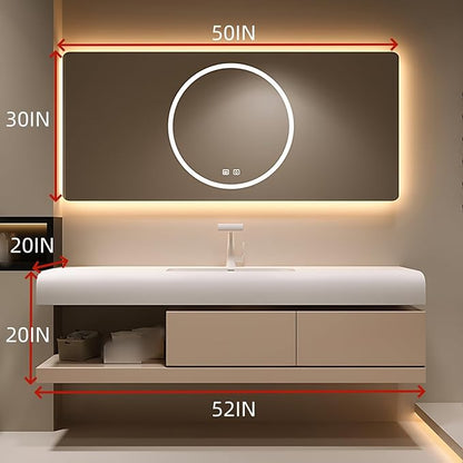 52IN Bathroom Vanity with Sink - Bathroom Cabinet Set has 2 Drawers & Overflow Hole Wall Mounted | LED Practical Defogging Mirror, Open Compartments, Seamless Rock Slab Basin (Khaki)