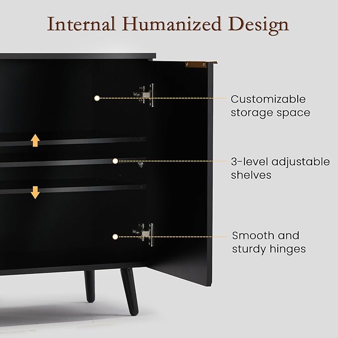 Fluted Storage Cabinet with Doors Set of 2, Wooden Sideboard Buffet Cabinet with Adjustable Shelves, Modern Accent Table for Living Room, Entryway, Black
