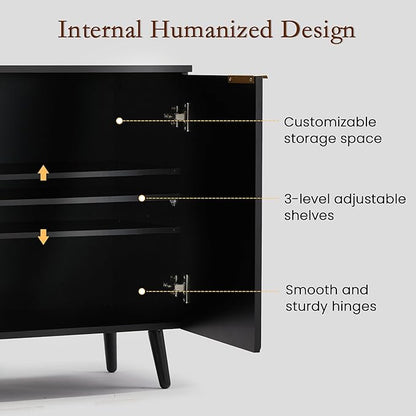 Fluted Storage Cabinet with Doors, Wood Sideboard Buffet Cabinet with Adjustable Shelf, Modern Accent for Living Room, Entryway (Set of 3, Black)