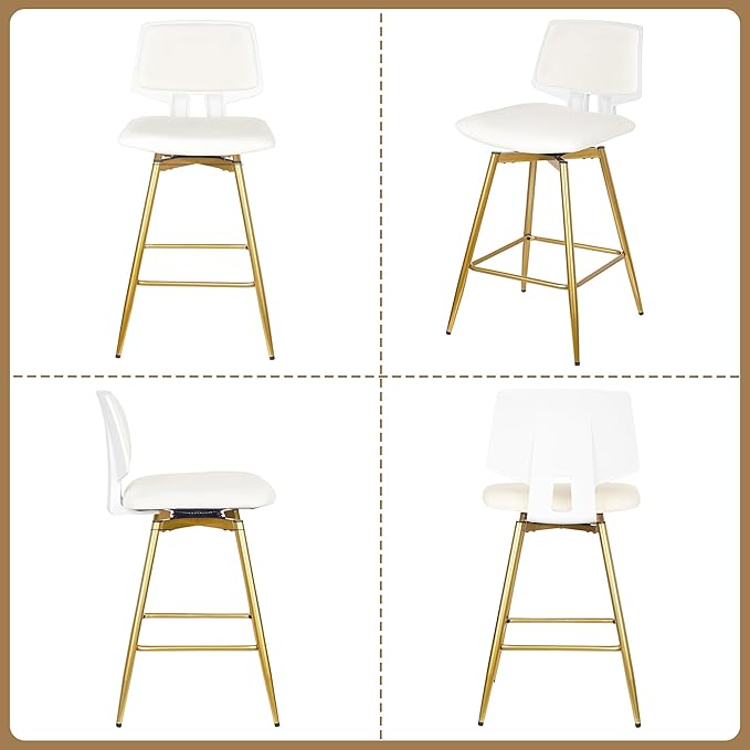 VECELO Swivel Upholstered Bar Stools Set of 4, Counter Height Barstools with Back, Metal Legs, 35.2-Inch Tall Barstools for Kitchen Island, Home Bar, Cafe, White
