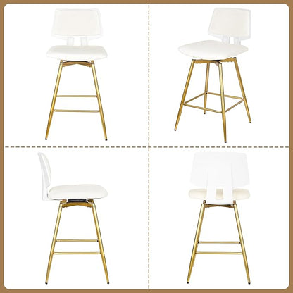 VECELO Swivel Upholstered Bar Stools Set of 4, Counter Height Barstools with Back, Metal Legs, 35.2-Inch Tall Barstools for Kitchen Island, Home Bar, Cafe, White
