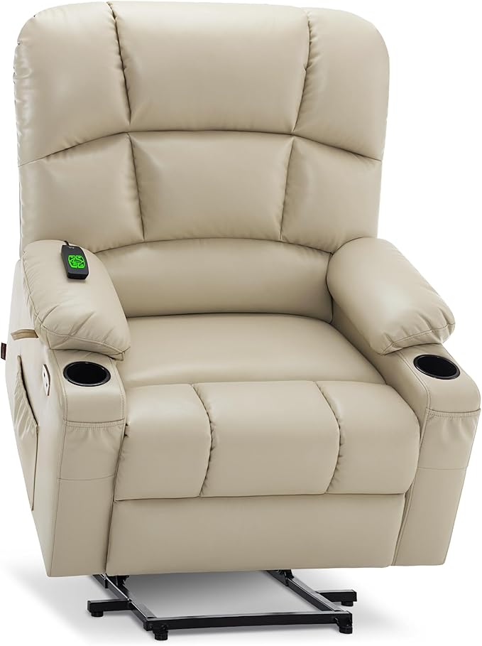 MCombo Oversized Dual Motor Power Lift Recliner Chair Sofa with Massage and Heat for Big Elderly People, Infinite Position, USB Ports, Faux Leather R7677 (Beige, Medium-Oversize)