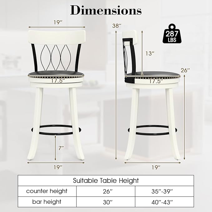 COSTWAY Bar Stools Set of 2, 26” Seat Height Swivel Barstools with Ergonomic Backrest, Soft Cushion & Footrest, Rubber Wood Counter Height Bar Chairs Upholstered Dining Chairs for Kitchen Island