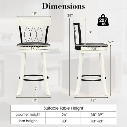 COSTWAY Bar Stools Set of 2, 26” Seat Height Swivel Barstools with Ergonomic Backrest, Soft Cushion & Footrest, Rubber Wood Counter Height Bar Chairs Upholstered Dining Chairs for Kitchen Island
