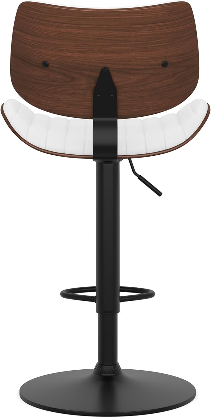 SIMPLIHOME Novak Adjustable Swivel Bar Stool - 33 inch Seat Height Upholstered Metal Chair in White Vegan Faux Leather, Mid Century Seating for Kitchen or Bar with Curved Bentwood Back