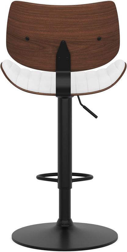 SIMPLIHOME Novak Adjustable Swivel Bar Stool - 33 inch Seat Height Upholstered Metal Chair in White Vegan Faux Leather, Mid Century Seating for Kitchen or Bar with Curved Bentwood Back