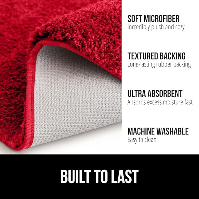 GORILLA GRIP Bathroom Rugs, Ultra Soft Absorbent Mat, Thick Plush Bath Rug, Machine Washable, Microfiber Quick Dry, Mats for Shower, Bathtub and Floor, Home Decor Accessories, 24x17, Red